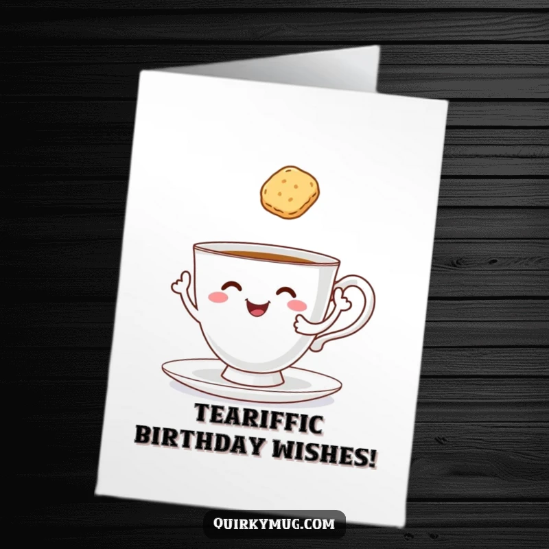 Funny Free Printable Birthday Card: Cheerful teacup with arms trying to serve itself a biscuit, perfect for a humorous greeting.