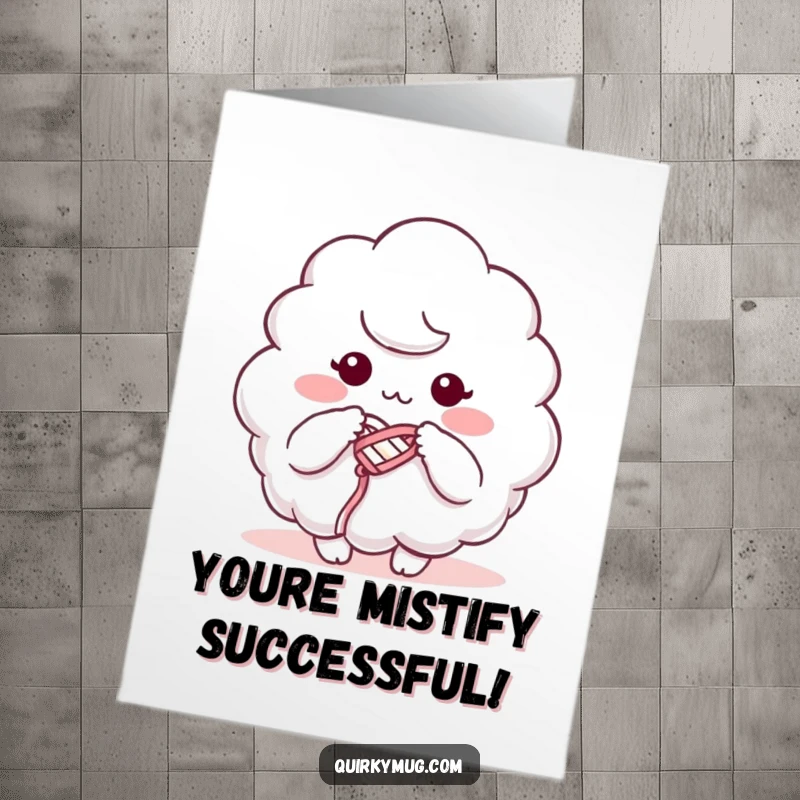 Funny Free Printable Congratulations Card: Whimsical cloud character knitting with mist, a unique downloadable gift for celebrations.