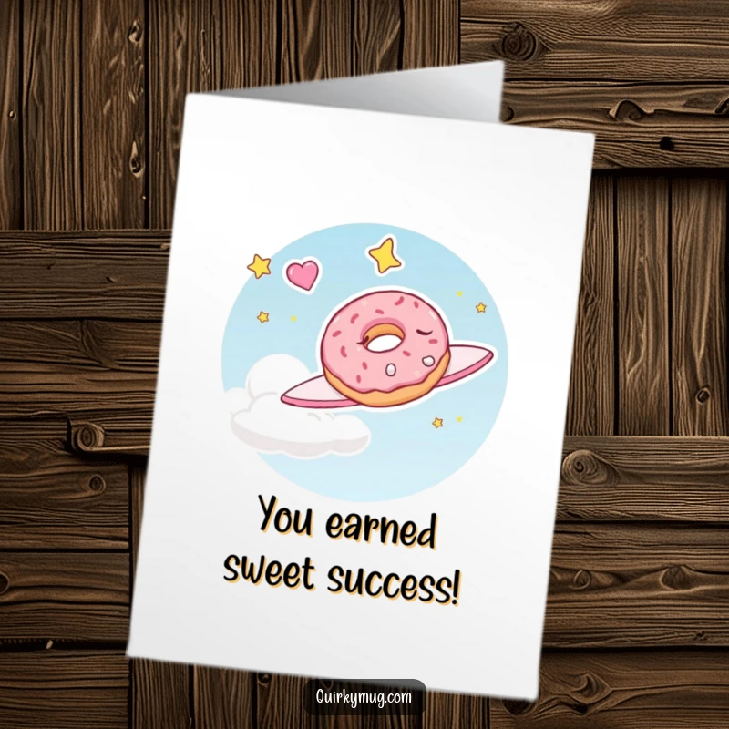 Free printable congratulations card showing a doughnut character joyfully dreaming of flying through the sky, celebrating reaching new heights.