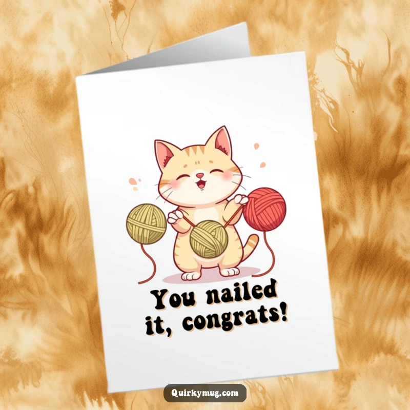 Funny Free Printable Congrats Card: Mischievous cat successfully juggling three yarn balls, celebrating an achievement.