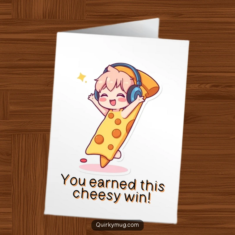 Funny Free Printable Congratulations Card: A character in headphones jubilantly dancing on a huge pizza slice, celebrating a triumphant moment.