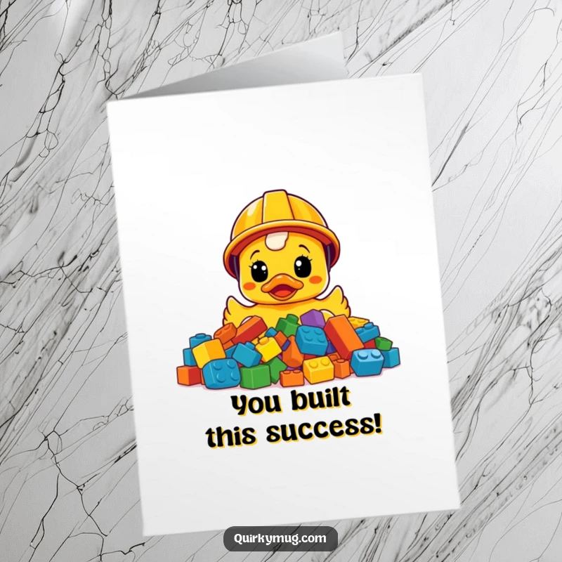 Funny Free Printable Congrats Card: Rubber ducky wearing hard hat, looking shocked at achievement, downloadable.