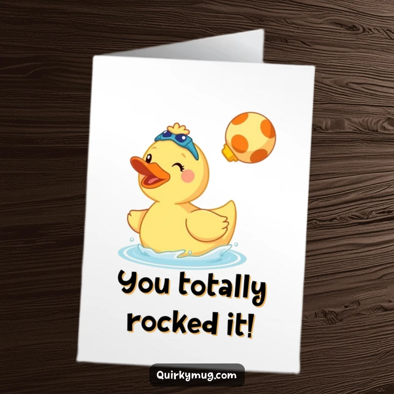 Funny Free Printable Congratulations Card: A cheerful, giant rubber duck wearing swim fins performs a cannonball splash.