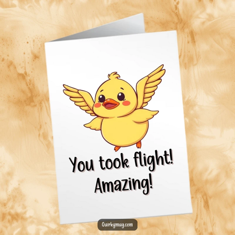 Funny free printable congratulations card: Bewildered rubber duck flapping wings, trying to achieve lift-off with comical results.