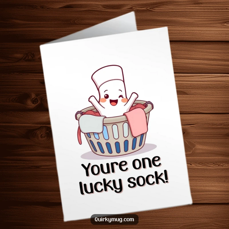 Funny Free Printable Congratulations Card: A happy sock character making a laundry basket escape, a unique downloadable gift.