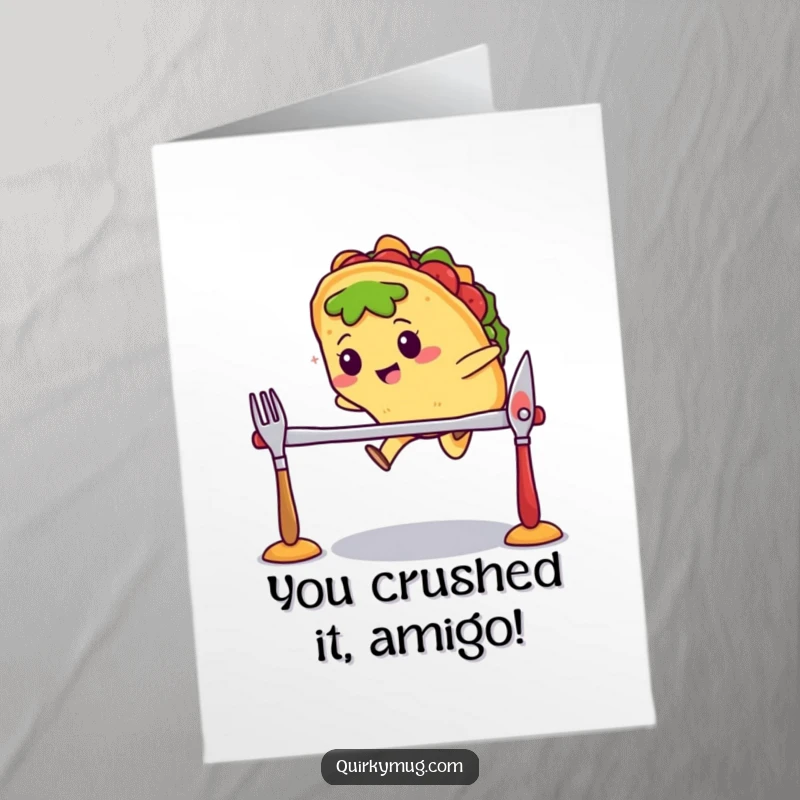 Funny Free Printable Congratulations Card: Kawaii taco leaping over a cutlery hurdle, a celebratory downloadable gift.