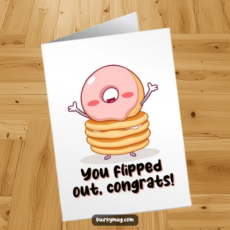 Funny Free Printable Congratulations Card: A funny jelly donut struggling to balance pancakes, celebrating hard-won success.