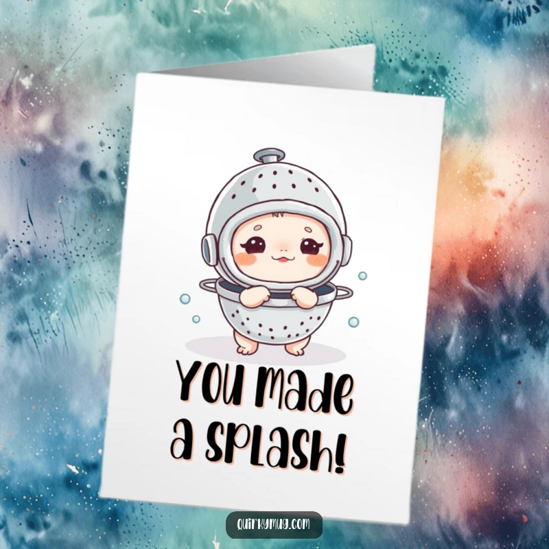 Funny Free Printable Congratulations Card: A creature proudly shows off their colander diving helmet after a successful endeavor.