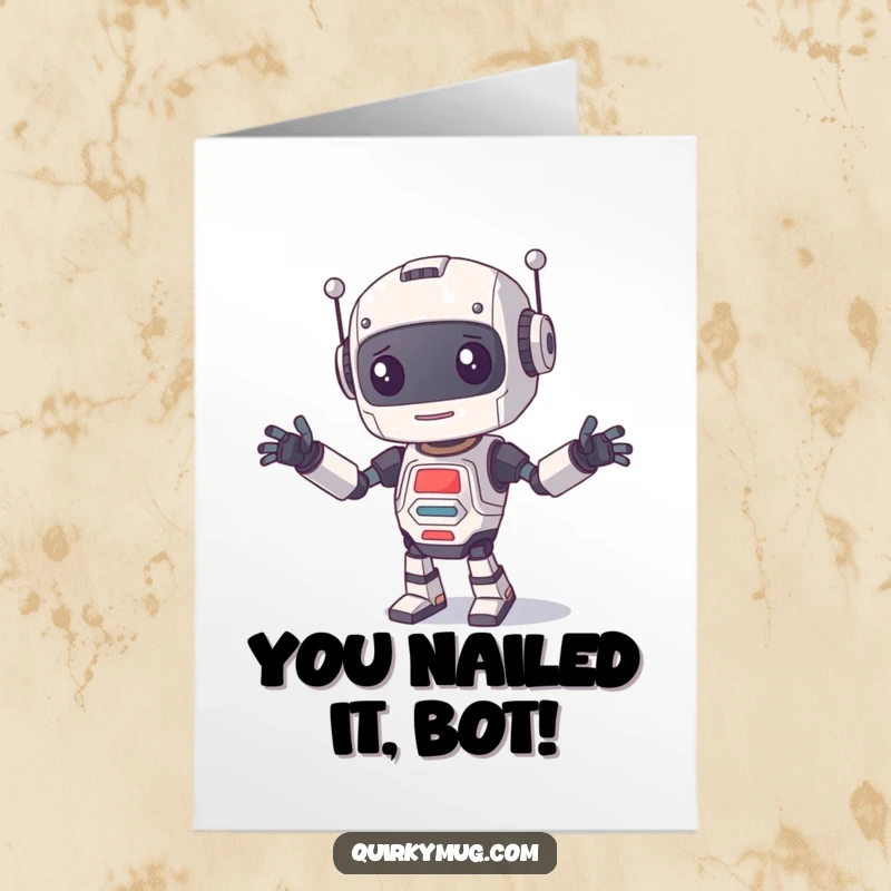 Funny Free Printable Congratulations Card featuring a confused robot whose limbs are everywhere during an enthusiastic, but failed, dance.