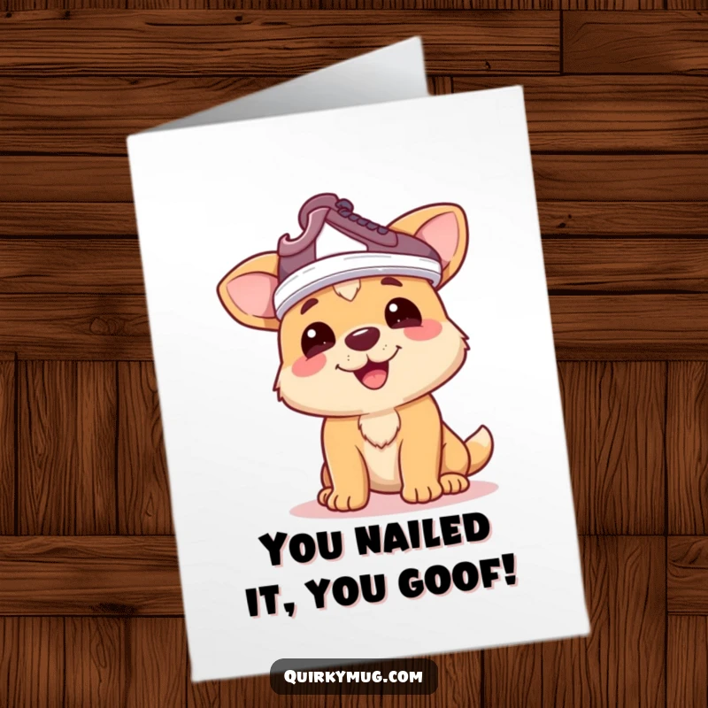 Funny Free Printable Congrats Card: Happy dog wearing a shoe on its head as a hat, cheering success.