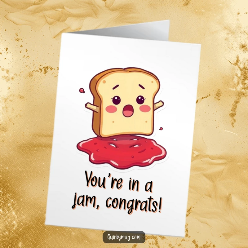 Funny Free Printable Congrats Card: Bread character falling into jam, symbolizing a sweet and successful outcome.
