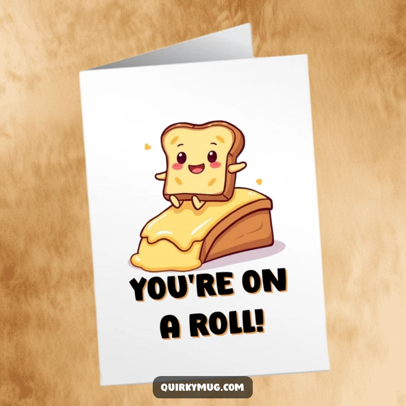 Funny Free Printable Congratulations Card: Kawaii toast character joyfully sliding down a buttered ramp, celebrating a win.