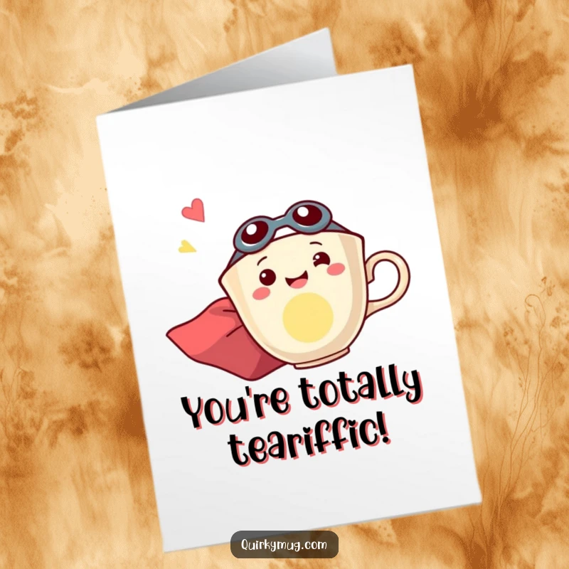 Funny Free Printable Congratulations Card: Energetic teacup superhero in cape flying sideways, celebrating success with pure delight and joy.