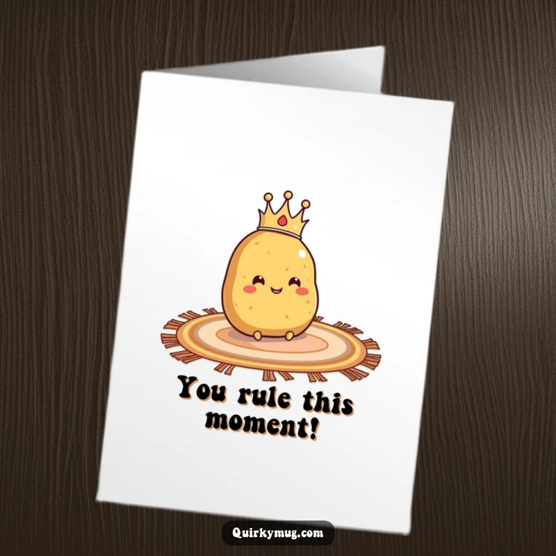 Funny Free Printable Congrats Card: Potato character with a crown sliding triumphantly, marking a royal achievement.