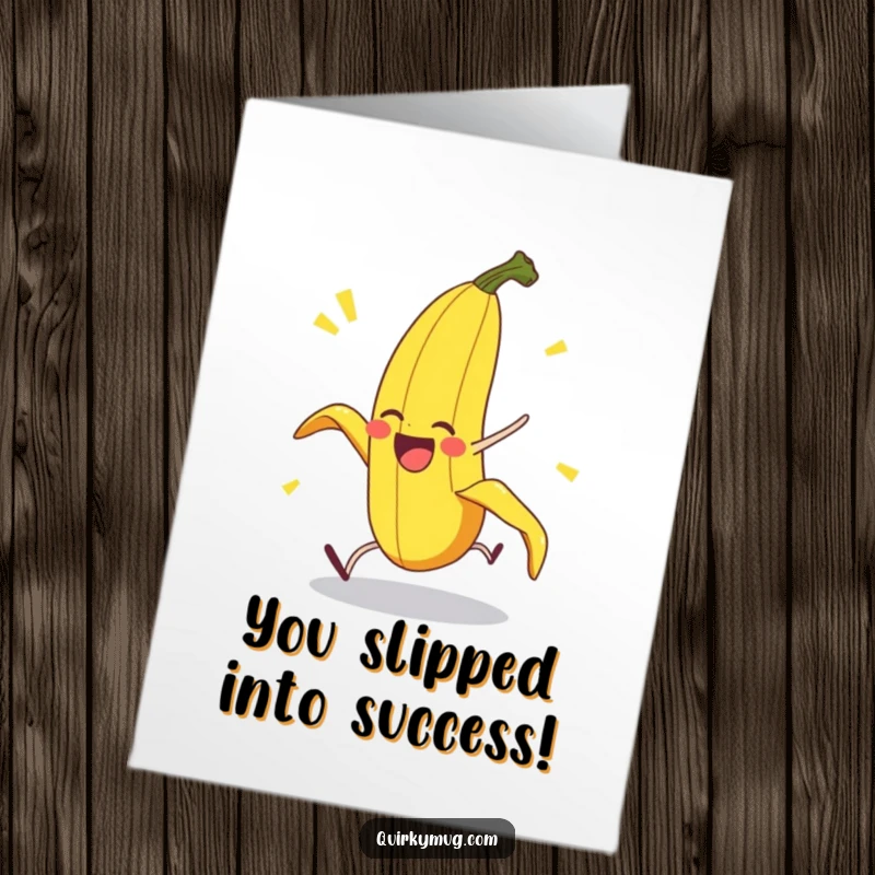 Funny free printable congratulations card showing a delighted banana peel character in a hilarious, exaggerated pratfall, celebrating a win.