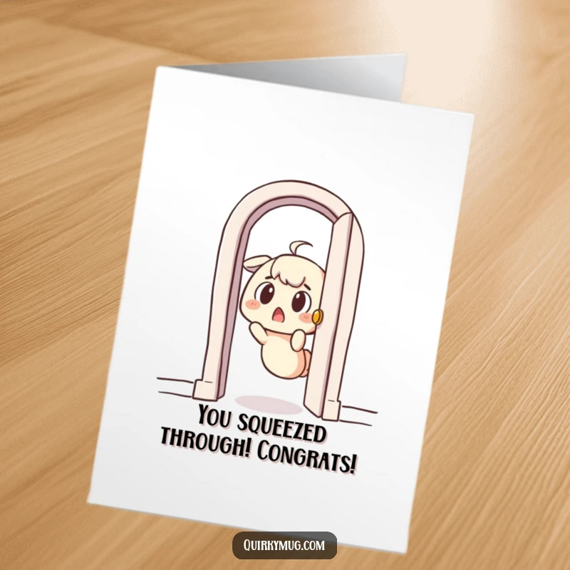 Funny Free Printable Congrats Card: A surprised character comically stuck in a tiny doorway, symbolizing a challenging but overcome obstacle.