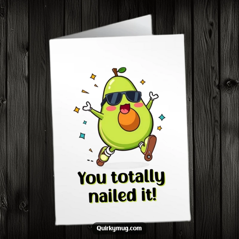 Funny Free Printable Congratulations Card with a Kawaii avocado roller skating fail, a unique downloadable gift for any win.