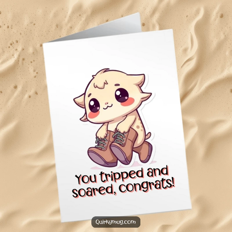 Funny Free Printable Congratulations Card: A little creature wearing enormous boots trips, hilariously showcasing that the journey matters.