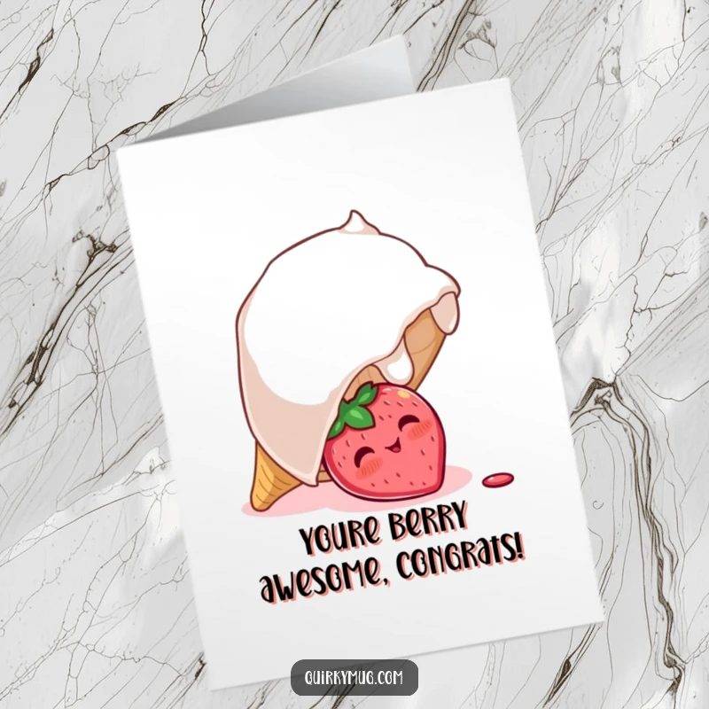 Funny Free Printable Congratulations Card: A blushing strawberry peeks from an overturned ice cream cone, celebrating sweet success.