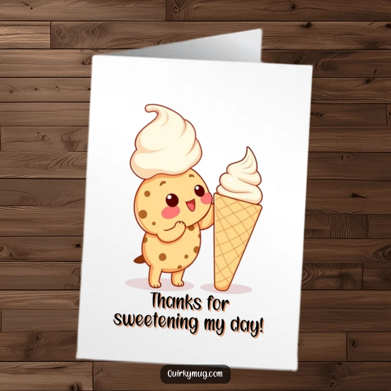Funny Free Printable Thank You Card featuring a Kawaii cookie and a massive ice cream cone, a charming downloadable gift.