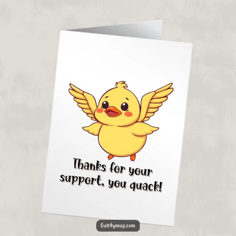 Funny free printable thank you card: Bewildered rubber duck flapping its wings, a comical symbol of trying hard.