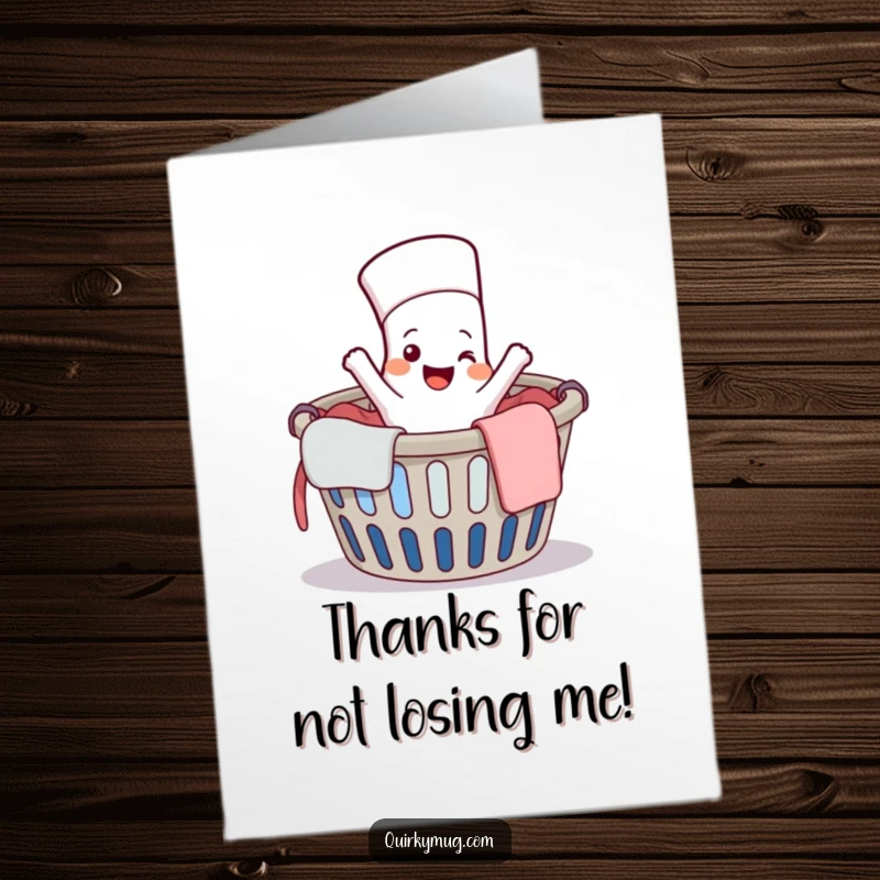 Funny Free Printable Thank You Card: A cheerful sock jumping out of a laundry basket, a cute DIY present.