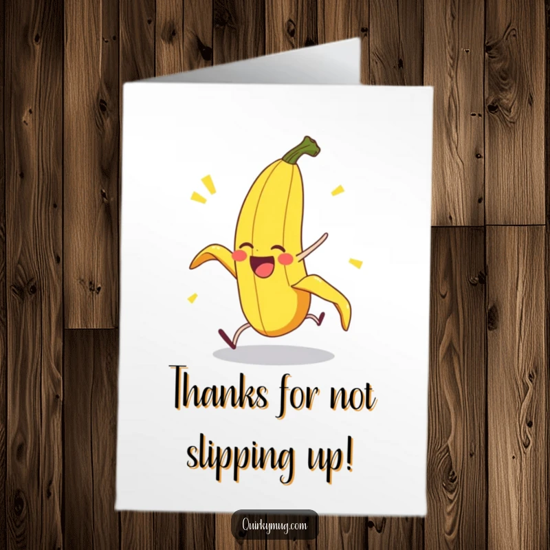 Funny free printable thank you card featuring a delighted banana peel character performing a dramatic pratfall, expressing thanks with humor.