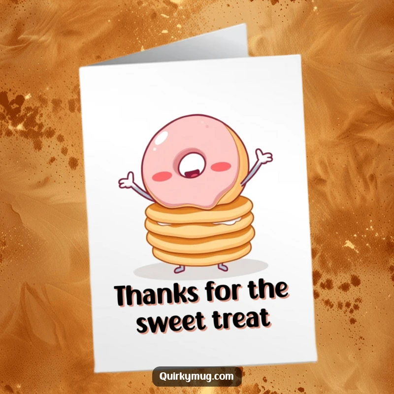 Funny Free Printable Thank You Card: A cute jelly donut with small arms attempting to balance pancakes, conveying thanks humorously.