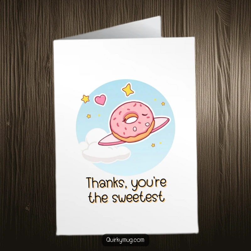 Funny free printable thank you card featuring a doughnut character dreaming of flying, conveying thanks for making dreams sweeter.
