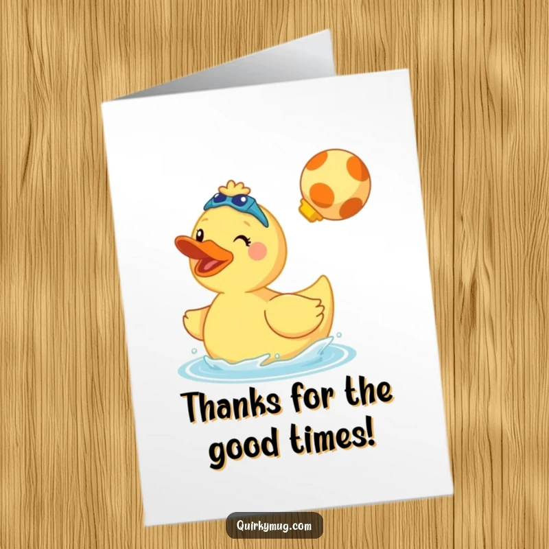 Funny Free Printable Thank You Card: Giant cheerful rubber duck in swim fins doing a cannonball, a funny thank you splash.