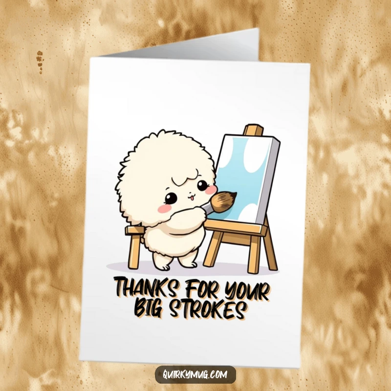 Funny Free Printable Thank You Card: A small fluffy creature paints with a giant brush, humorously attempting to express thanks on a tiny canvas.