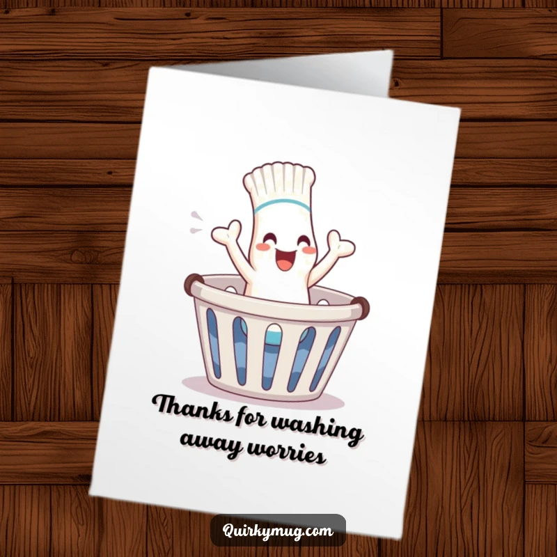 Funny Free Printable Thank You Card: A giggling sock character happily bounding out of a laundry basket to say thanks.