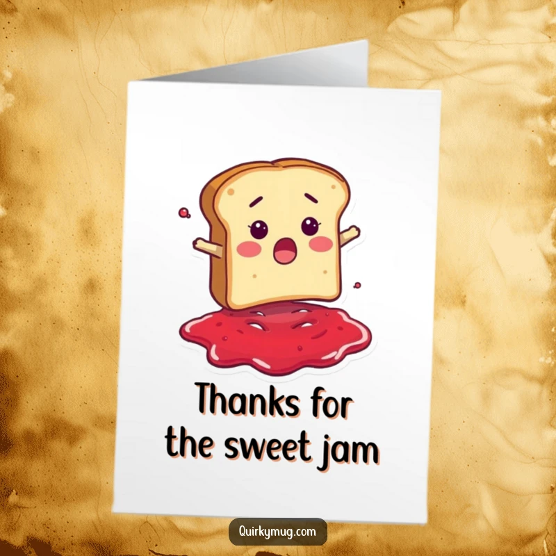Funny Free Printable Thank You Card: Bread character in a jam puddle, expressing thanks with a surprised look.