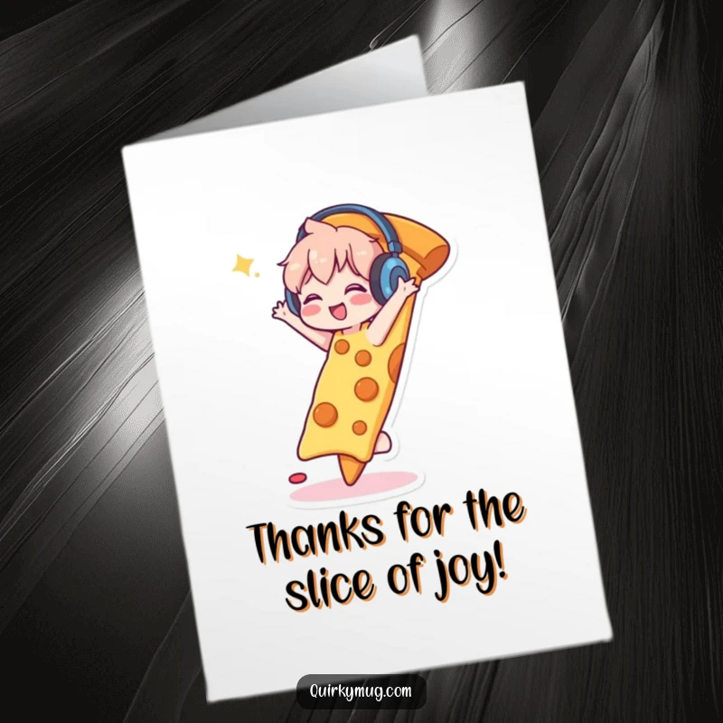 Funny Free Printable Thank You Card: A character with headphones dancing joyfully on a giant pizza, conveying thanks with a fun attitude.