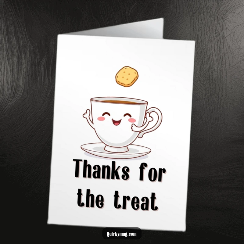 Funny Free Printable Thank You Card: Cheerful teacup with arms attempting to serve itself a biscuit, expressing thanks humorously.