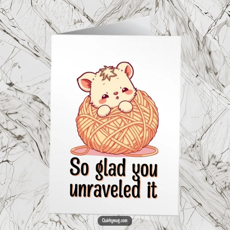 Funny Free Printable Thank You Card: A cute animal character is playfully tangled in a car-sized ball of yarn, offering thanks.