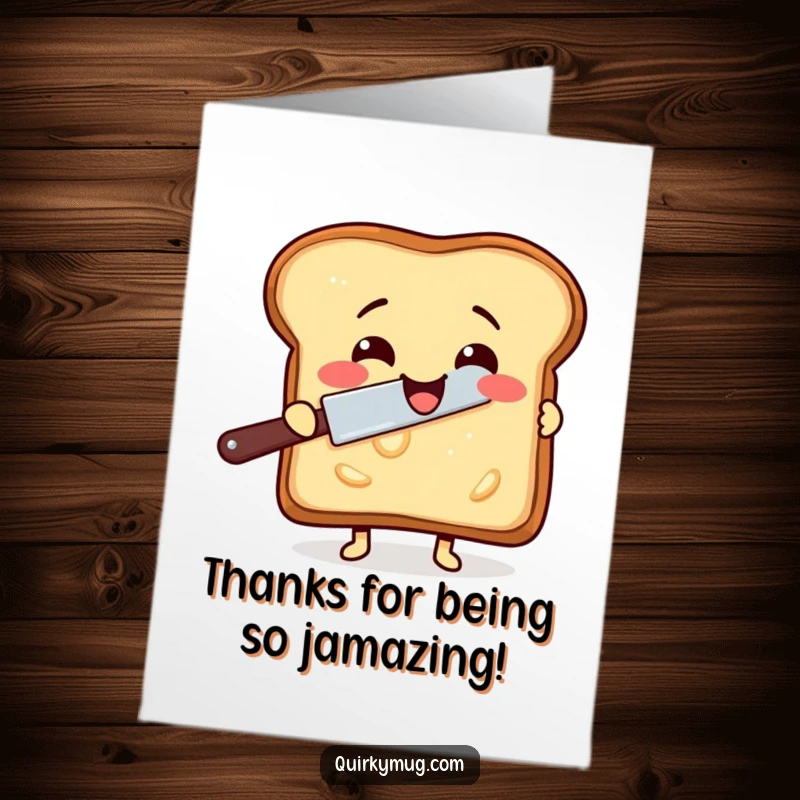 Funny Free Printable Thank You Card: A happy toast character attempts to butter itself with a rogue knife, a funny thank you.