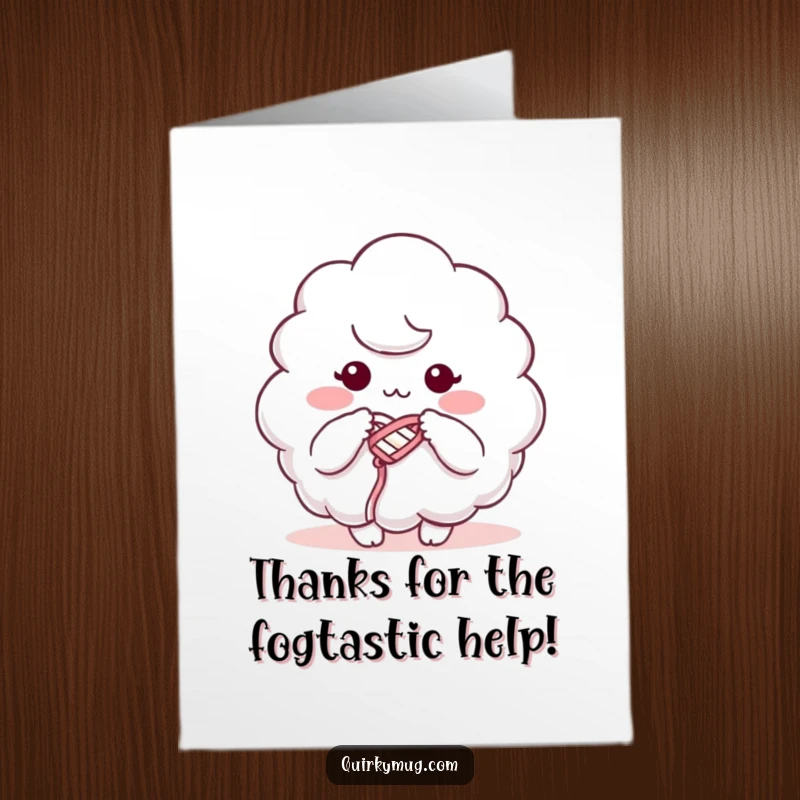 Funny Free Printable Thank You Card: A fluffy cloud character amusingly trying to knit using its own mist, a sweet DIY present.