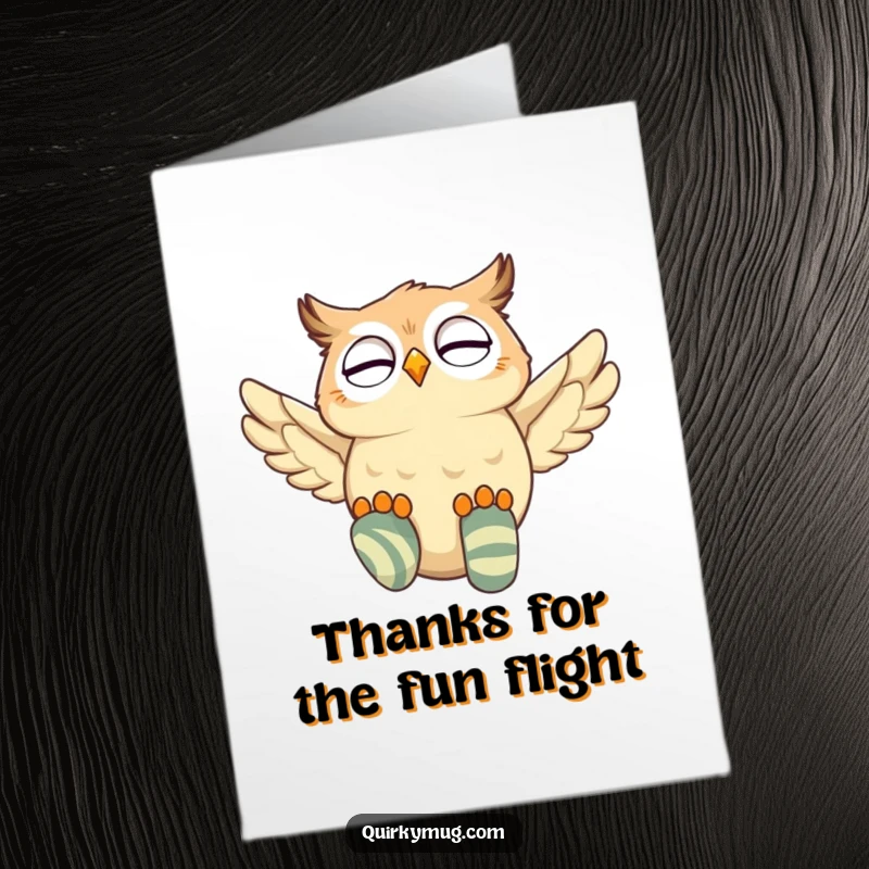 Funny Free Printable Thank You Card: A giggling owl attempts to fly, struggling comically with oversized, mismatched socks.