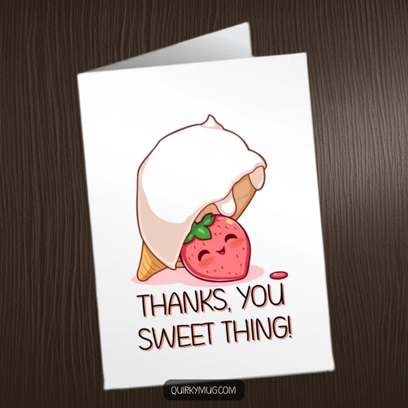 Funny Free Printable Thank You Card: A shy, blushing strawberry peeks from an overturned ice cream cone, saying thanks sweetly.