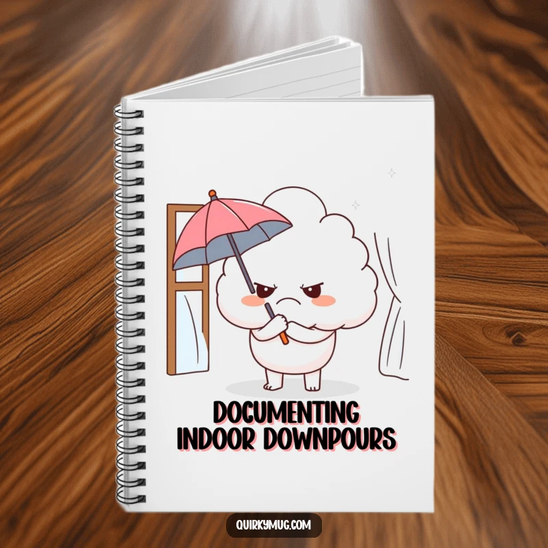 Funny notebook with a grumpy cloud character holding a tiny umbrella indoors, perfect for journaling ironic thoughts or plans.