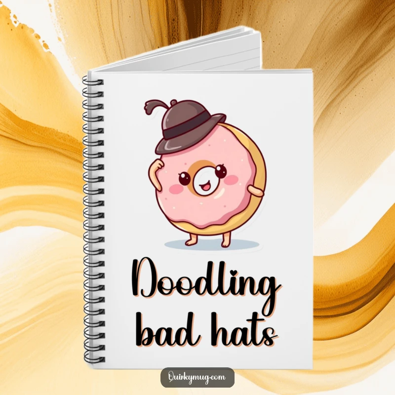 Funny donut character's hat slipping off, a humorous and inspiring notebook cover for creative minds.