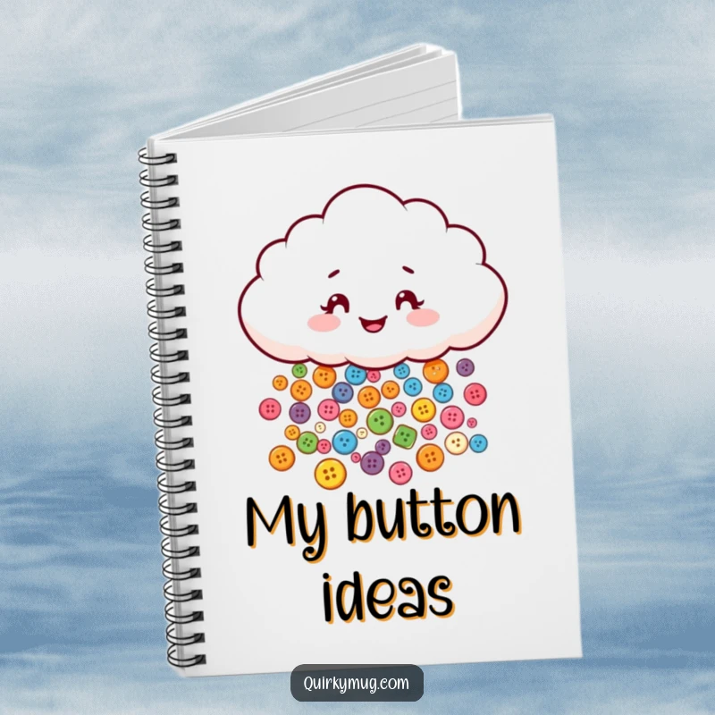 Funny notebook featuring a mischievous cloud character playfully raining tiny, colorful buttons, perfect for note-taking.