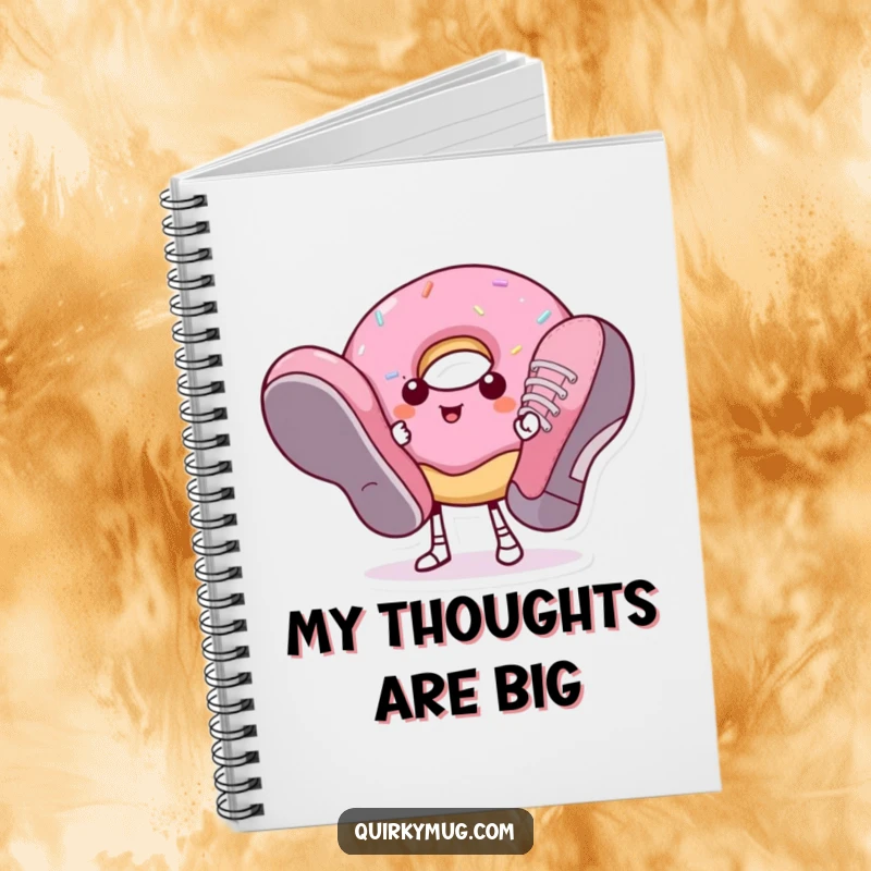 Funny donut character in oversized shoes on the cover of a delightful notebook.