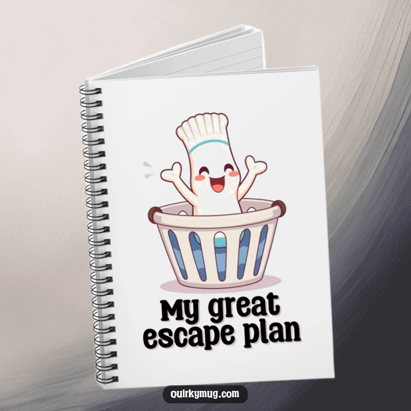 Funny sock character leaping from laundry basket on a notebook cover, ideal for funny gift notes.