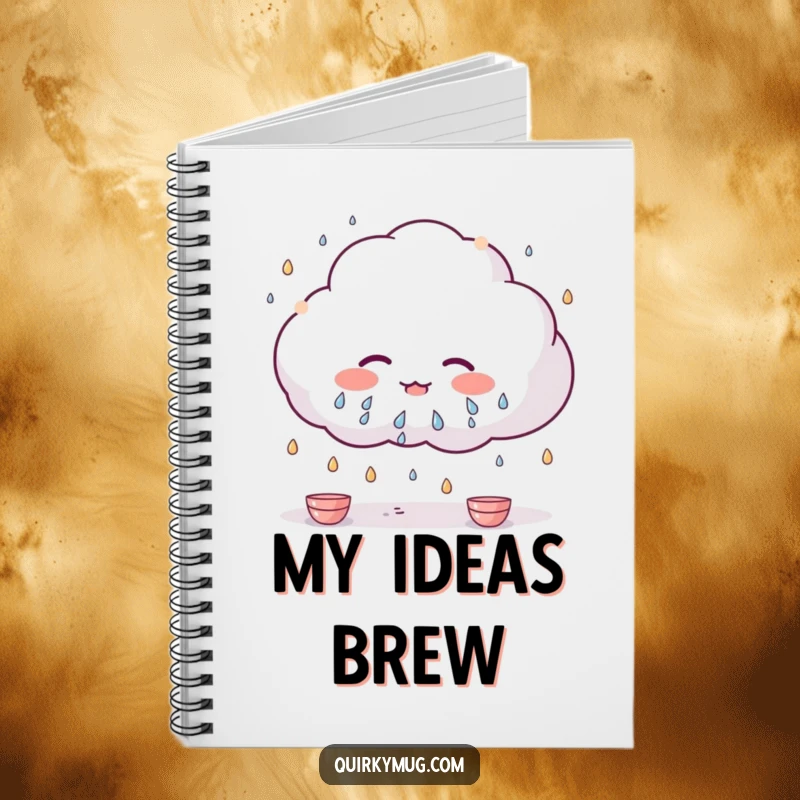Funny Kawaii cloud character raining tiny teacups on the cover of this delightful notebook.