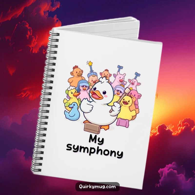 Funny Kawaii rubber duck conducting bath toys on the cover of this music-themed notebook.