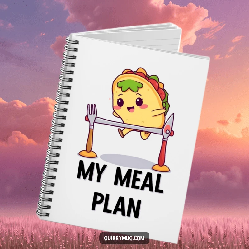 Funny Kawaii taco character mid-air, jumping over a hurdle made of cutlery on a notebook, looking athletic.