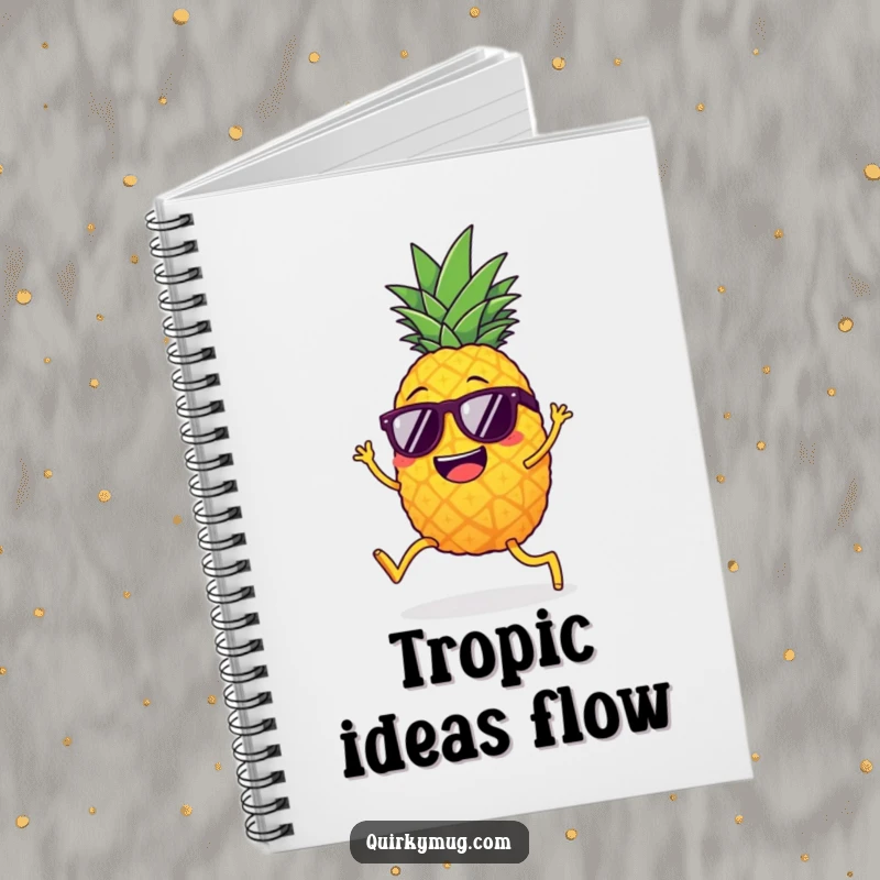 Funny giggling pineapple with legs, sunglasses, attempting the limbo, a humorous notebook.