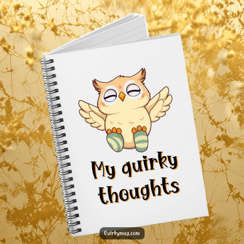 Funny owl character with a notebook, attempting to fly with mismatched socks, smiling and ready to record brilliant ideas.